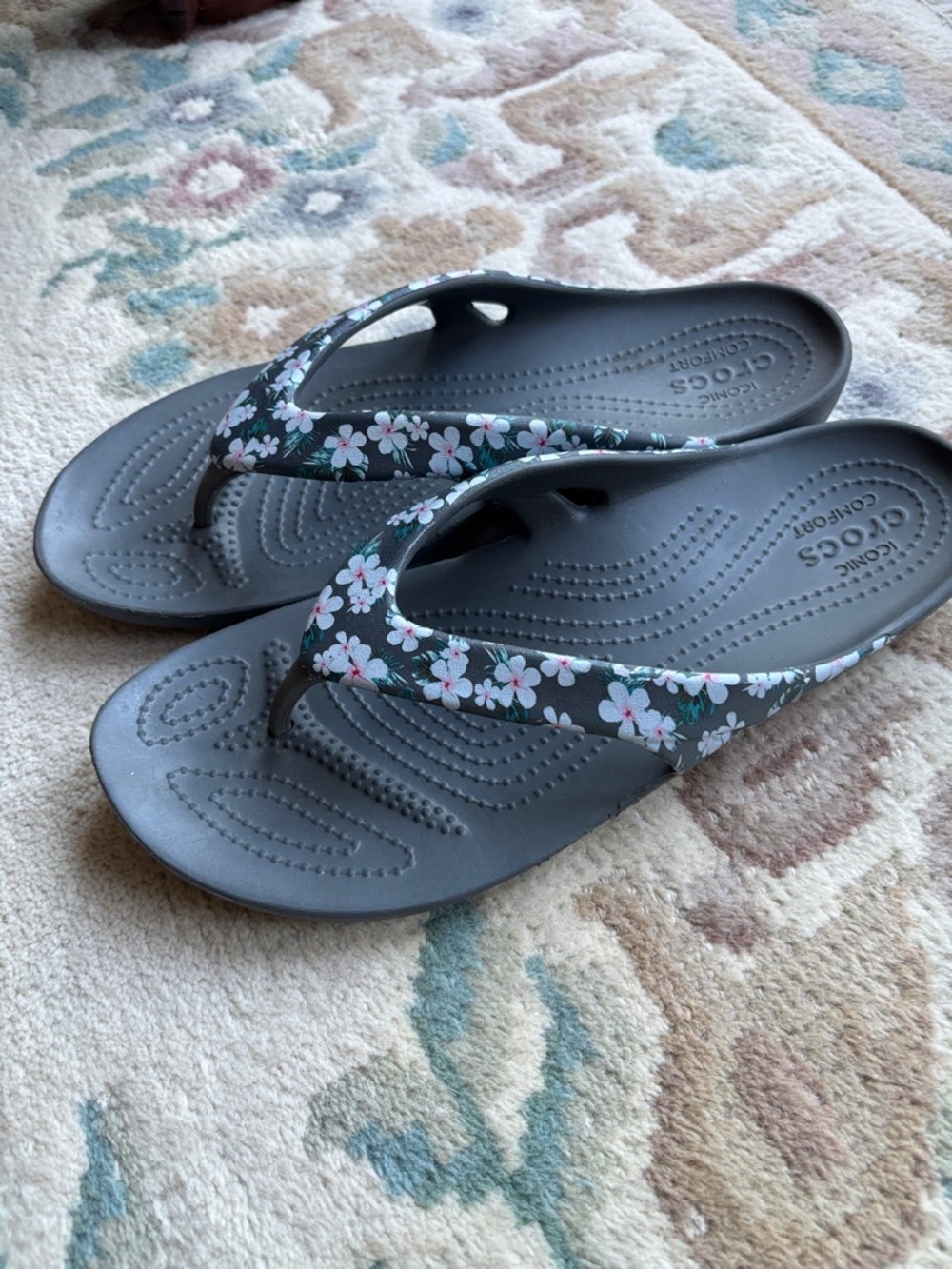 CROCS Gray Flip Flops with Pink Floral Straps